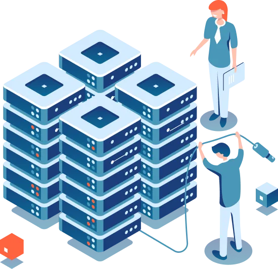 Izometrická ilustrace moderní IT infrastruktury budovy